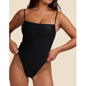 Black Square Neck High Cut One Piece Swimsuit