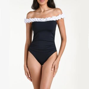 Black Off Shoulder One Piece Swimsuit with Ruffle Trim