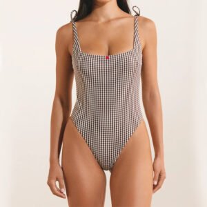 Gingham Square Neck Backless One Piece Swimsuit