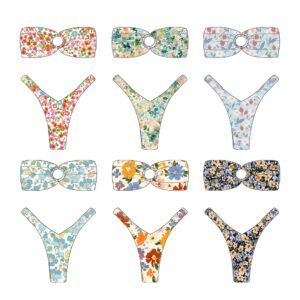 Custom Print Bandeau Bikini Set With Metal Ring Detail
